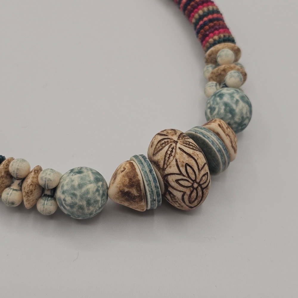 Beaded Statement Necklace Multicolor Boho Tribal Chunky Earthy - Picture 11 of 12